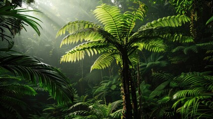 Fototapeta premium A lush tree fern thrives in the vibrant rainforest of Marojejy National Park in Madagascar