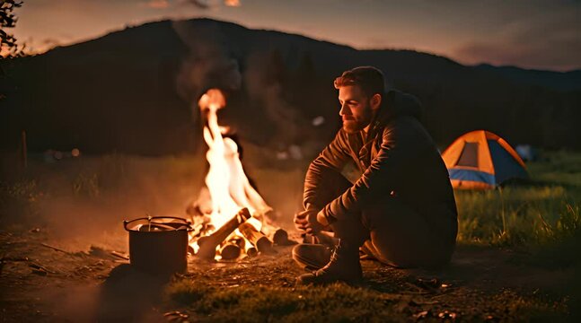 Mann sitzt am Lagerfeuer auf dem Zeltplatz