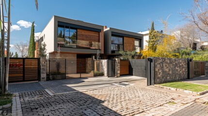 a modern villa courtyard gate, featuring a sleek flat roof and a small area of modern paving, creating a welcoming entrance with minimalist sophistication.