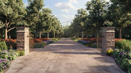 Fototapeta premium a modern villa courtyard gate, featuring a sleek flat roof and a small area of modern paving, creating a welcoming entrance with minimalist sophistication.