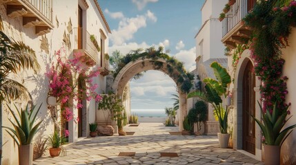 Fototapeta premium a modern villa courtyard gate, featuring a sleek flat roof and a small area of modern paving, creating a welcoming entrance with minimalist sophistication.