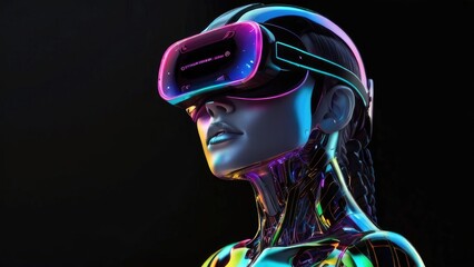 Humanoid robot with metaverse technology concept.Augmented reality, science, future technology, robots and people concept. VR