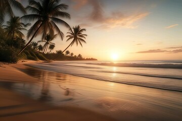 Nature background a tranquil beach scene at dawn, with gentle waves lapping at the shore, palm trees swaying, and the first light of day breaking over the horizon