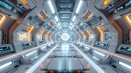 Futuristic Intergalactic Mothership Interior with Seamless Alien Technology and Humanoid Crew