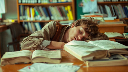 A tired school student sleeps among books in the library. Sleeping male surrounded by books.