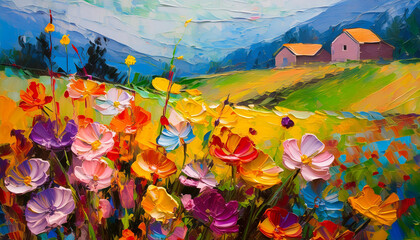 Abstract oil painting of colorful summer flowers field. Natural scenery. Impressionism art.