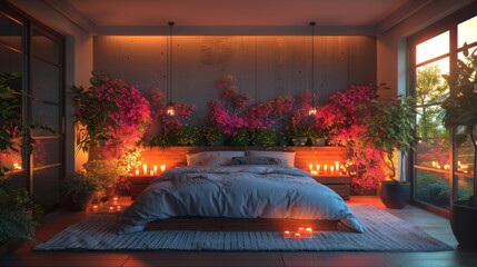 A cozy bedroom with candles and flowers