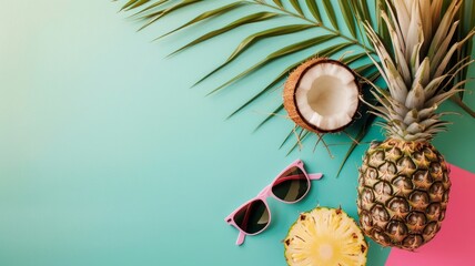Coconut and pineapple with sunglasses on a pastel background. Creative summer wallpaper with copy space. Top view. 