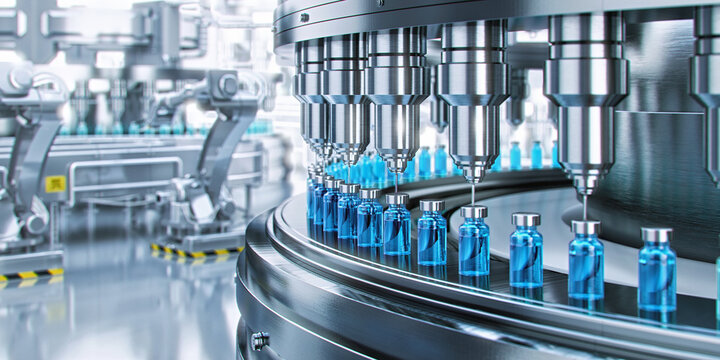 Drug manufacturing process.  Conveyor with medical ampoules line at a modern pharmaceutical plant. Pharmacology production, medicine industry from laboratory 2 factory, pharmacy. Healthcare, pharma 3D