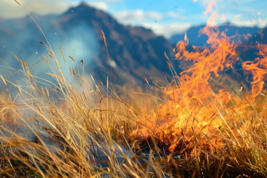 Close-up of wildfire burning through wild grass