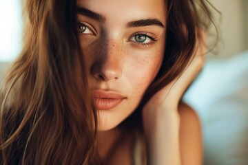 Close-up of a young woman with natural freckles and mesmerizing gaze