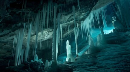 A mystical cave illuminated by glowing ammonium chloride stalactites