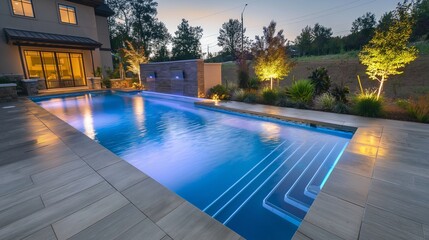 An outdoor smart pool area with a self-cleaning system, temperature control, and lighting effects that can be changed via voice command.