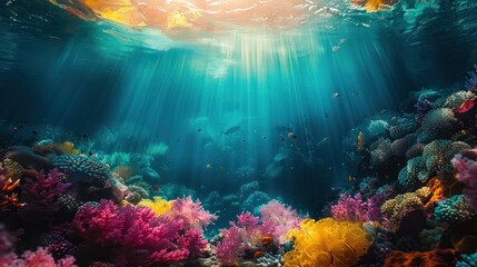 Fototapeta premium Photo of exploring a colorful underwater seascape, with sunlight filtering down from the surface, illuminating their path