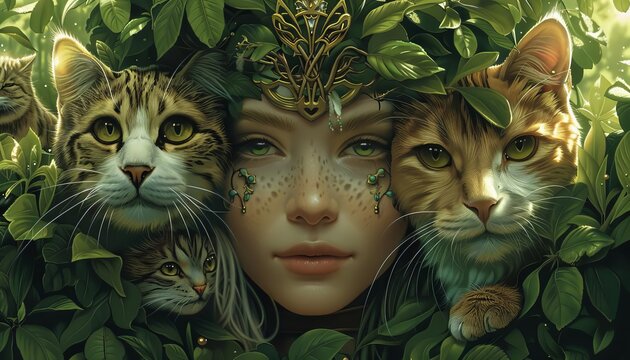 A detailed illustration of Freya, the goddess of love and beauty, in a chariot pulled by cats, through a lush, verdant forest