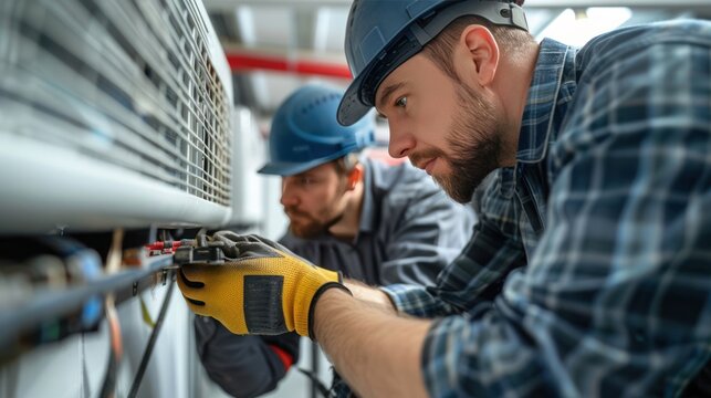 HVAC contractors replacing filters and conducting routine maintenance against a backdrop of white walls