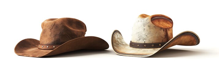 A cowboy hat in two different styles, one with brown felt and the other light tan velvet material isolated on white background