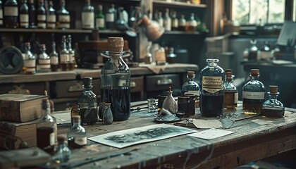 Naklejka premium A historical depiction of a photographer preparing a calotype negative in a dimly lit workshop, with vintage bottles and tools