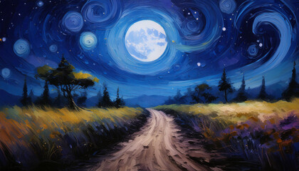 Obraz premium Abstract oil painting of dirt road in darkness, fantasy landscape with moon and blue sky.