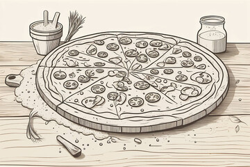 Fast food - pizza on a wooden table, flour remaining can be seen, some vegetables around cartoon style illustration