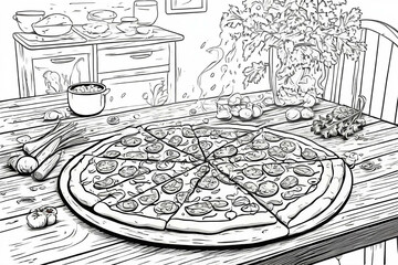 Fast food - pizza on a wooden table, flour remaining can be seen, some vegetables around cartoon style illustration