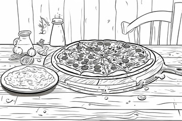 Fast food - pizza on a wooden table, flour remaining can be seen, some vegetables around cartoon style illustration