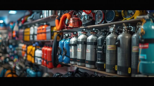 shop display showcasing a wide range of diving equipment, from masks and fins to tanks and regulators, in a well-lit store