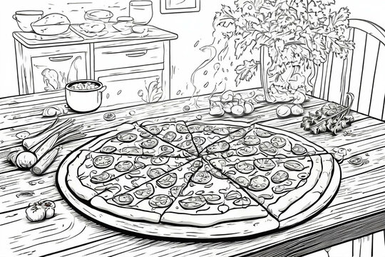 Fast food - pizza on a wooden table, flour remaining can be seen, some vegetables around cartoon style illustration