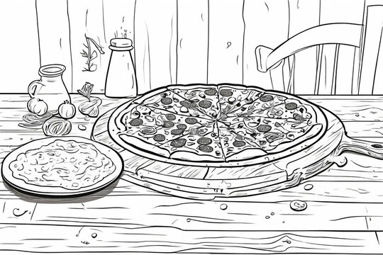 Fast food - pizza on a wooden table, flour remaining can be seen, some vegetables around cartoon style illustration