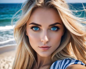 
Portrait of a beautiful blue-eyed blonde in front of the ocean