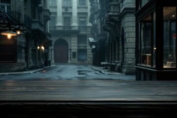 Obraz premium Empty Wooden Table in a City Street. Generative AI