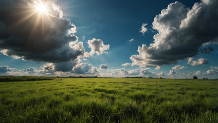 This image shows a vast green grassy field on a cloudy day with the sun shining through the clouds.

