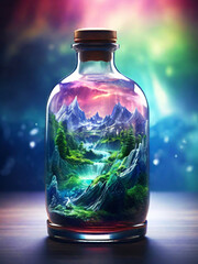 Stunning Landscapes Inside A Crystal bottle Powerful Vibrant Colours Showing Environmental Awareness 300PPI High Resolution Image