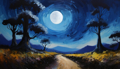 Abstract oil painting of dirt road in darkness, fantasy landscape with moon and blue sky.