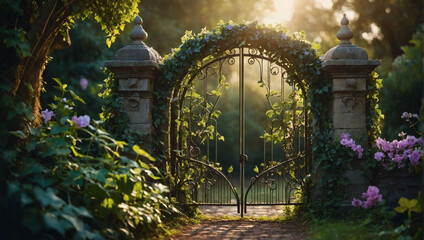 Enchanted Garden Gate, Illustrated Portal Adorned with Ivy and Blooms