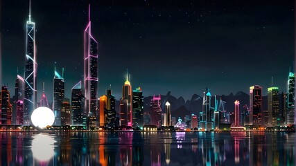 A futuristic cityscape of silver and black skyscrapers nestled among the mountains, with a sea of neon lights reflecting off the water below. In the center, a giant white ball hovers, emitting a pulsi