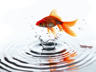 Goldfish in water with bubbles on blue background. Copy space.