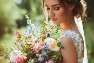 Naklejka premium Beautiful bride in a lace gown with a delicate bouquet in a sunlit garden