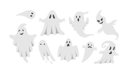 Cute Halloween Ghosts Set. Hand drawn spooky flying spirits collection. Cartoon funny ghost isolated on white background. Vector simple halloween horror characters. Creepy Halloween party costume.