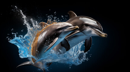 Two dolphins jumping out of blue water on a black background