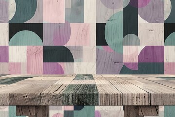 Wooden Table in Front of Colorful Wallpaper. Generative AI