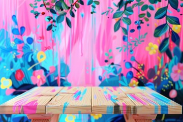 Obraz premium Colorful Painted Table in Front of Pink Wall. Generative AI