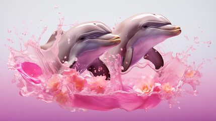 Two dolphins jump out of pink water with flowers. Valentine's day concept
