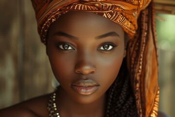 Portrait of a young woman with a captivating gaze wearing an ornate headwrap