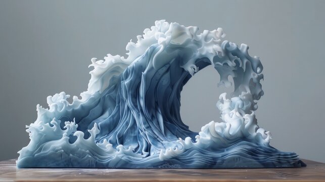 3D rendering of a large, blue wave crashing over a wooden dock.