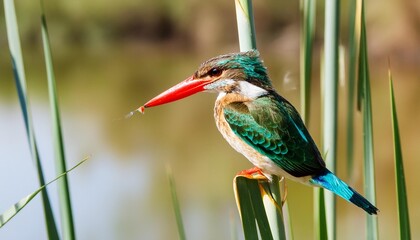 malachite kingfisher corythornis cristatus fishes from a reed near olifants river in kruger national park in south africa green blurry background