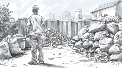 A man is standing in a field, looking at a large pile of rocks. He is contemplating how he is going to move them.