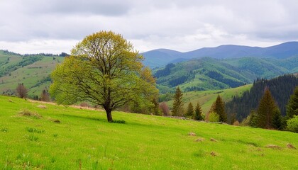 mountainous rural landscape of ukraine in spring rolling carpathian countryside with tree on a grassy meadow and forested hills on an overcast day