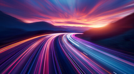 Dynamic Sunset Light Trails on Highway with Mountain Silhouette