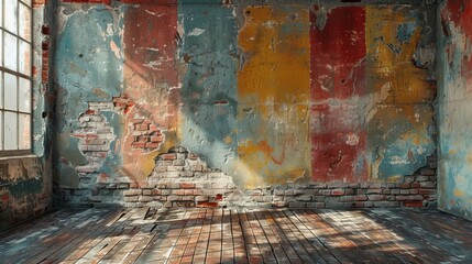 Paint-splattered brick walls in a room.